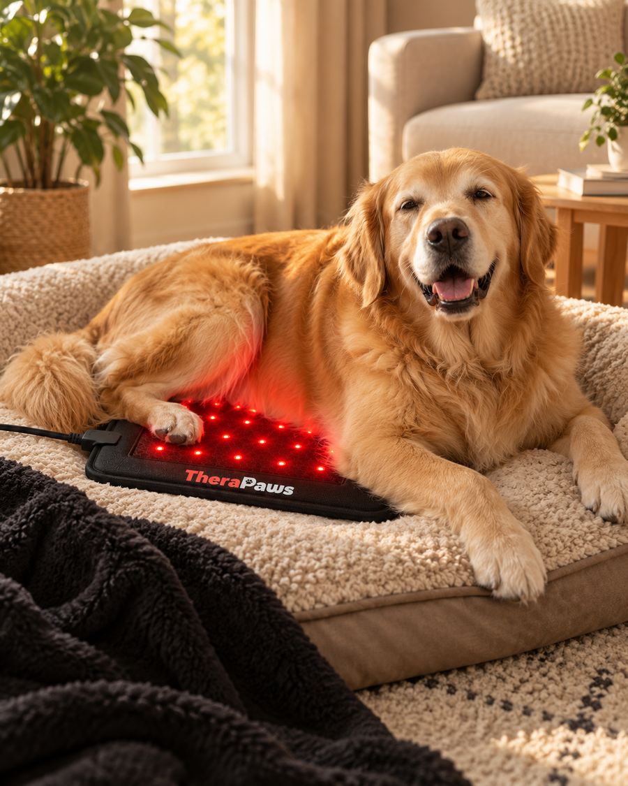 Daisy the golden retriever resting on a TheraPaws mat