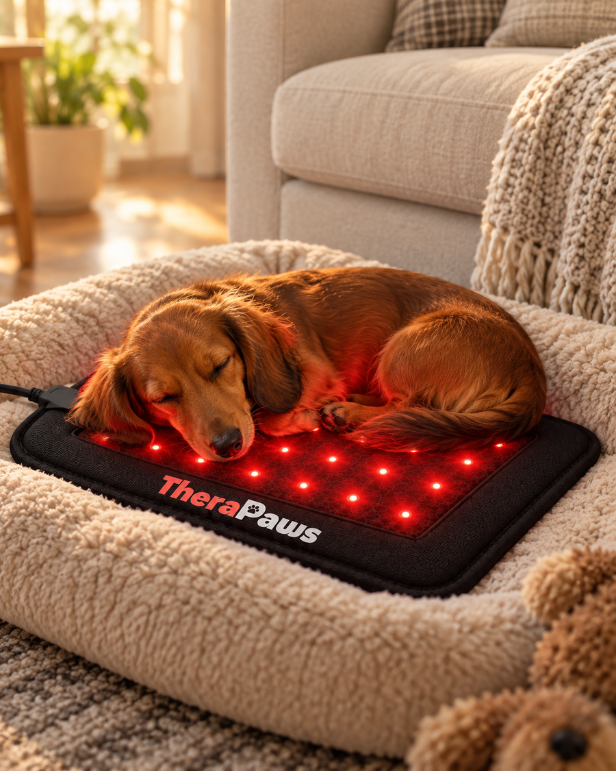 Otis the dachshund resting on a TheraPaws mat