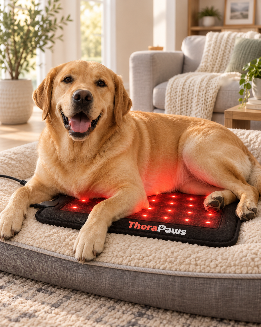 Bear the labrador resting on a TheraPaws mat