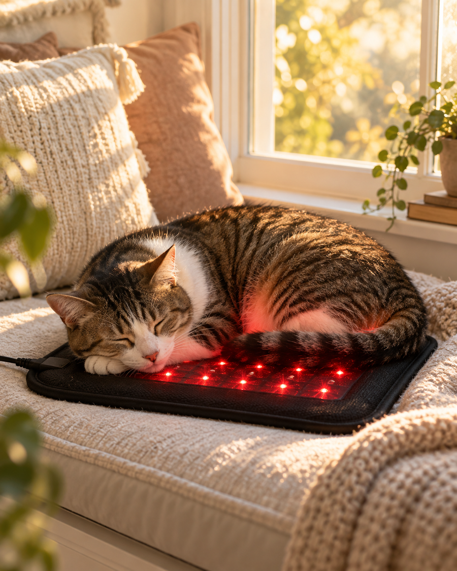 Luna the cat resting on a TheraPaws mat