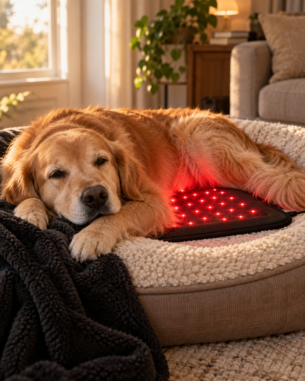 Dog resting near a TheraPaws red light therapy mat