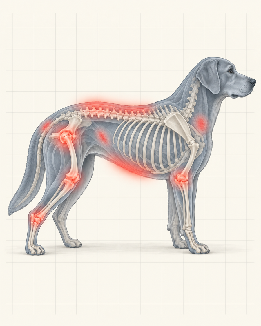 Diagram of a dog highlighting common problem areas: hips, elbows, and spine