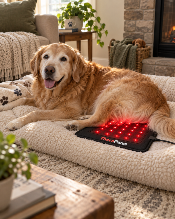 Senior Golden Retriever resting with TheraPaws